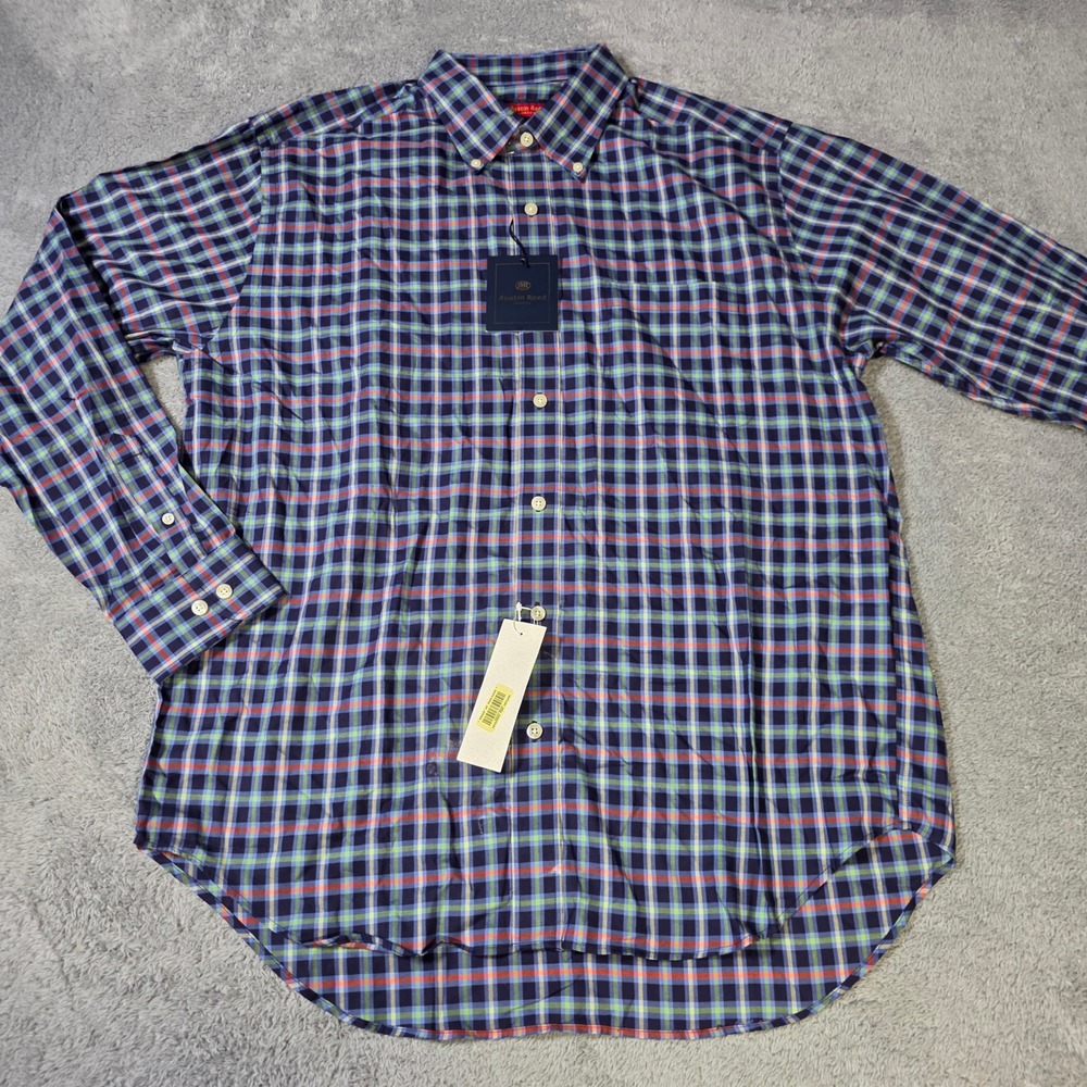 Austin Reed Mens Large Button Down Shirt Navy Blue Plaid Cotton Long Sleeve